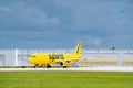 Yellow Spirit Jet airplane taxiing on runway at FLL Royalty Free Stock Photo