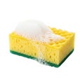 Yellow sponge with green scrubby side covered in soap suds Royalty Free Stock Photo