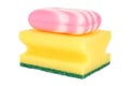 Yellow sponge for washing dishes with pink striped soap isolated on white background Royalty Free Stock Photo