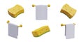Yellow sponge, white towel on holder. Vector objects, view from different sides
