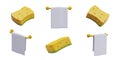 Yellow sponge, white towel on holder. Vector objects, view from different sides Royalty Free Stock Photo