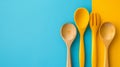 A yellow spoon, fork and knife on a blue-and-yellow background, AI Royalty Free Stock Photo