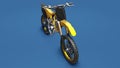 Yellow sport bike for cross-country on a blue background. Racing Sportbike. Modern Supercross Motocross Dirt Bike. 3D Rendering