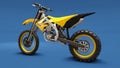 Yellow sport bike for cross-country on a blue background. Racing Sportbike. Modern Supercross Motocross Dirt Bike. 3D Rendering Royalty Free Stock Photo