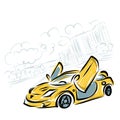 Yellow sport car on city background for your