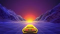 Yellow Sport Car Racing to the Sunset Through Polygonal Mountain Valley. Retro Futuristic Template in 80S Style