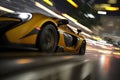 a yellow sports car driving down a city street at night Royalty Free Stock Photo