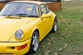 Yellow sports car Porsche standing on the green grass