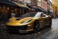 Yellow sports super concept car on the street of a European city, street racing on expensive exclusive luxury auto, AI Generated Royalty Free Stock Photo