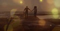 Yellow spots of light over african american couple holding hands walking on the rocks near the sea Royalty Free Stock Photo