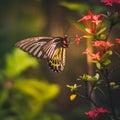 Yellow spotted butterfly eating pollen on a red flower Royalty Free Stock Photo