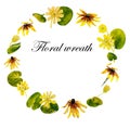 Yellow spring flowers wreath round pattern from watercolor blossoming