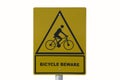 Yellow square sign of bicucle beware on white background