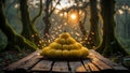 Magical Sunset: Golden Fruit Pyramid in a Mystical Forest Royalty Free Stock Photo