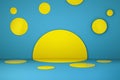 Yellow stage with blue background. Place for products. Circle pedestal . 3d render