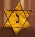 A yellow Star of David outlined with black with a Hebraic styled 