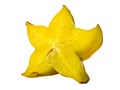 Yellow star fruit or carambola slice macro isolated on white background