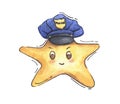 Yellow star in police hat. Watercolor illustration. Uniform headgear items