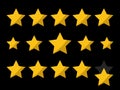 Yellow stars rating icon set on black background. Five stars of customer product rating review. Feedback icon for app and website