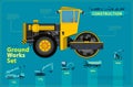 Yellow steamroller. Blue infographic set, ground works blue machines vehicles. Royalty Free Stock Photo