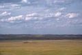 Yellow steppe with clouds and grazing horses on background. Countryside nature. Countryside landscape. Royalty Free Stock Photo