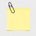 Yellow Stick Note With Paperclip On Transparent Background - Vector Illustration