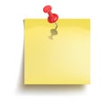 Yellow sticker attached red pushbutton over white background. Memo note pinned drawing pin. Front or top view. Vector