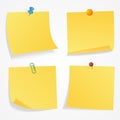Yellow sticker set pinned push button with curled corner isolated on white Royalty Free Stock Photo