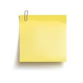 Yellow sticky note attached metal paper clip. Template for design. Vector illustration