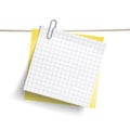 Yellow sticky note and chequered white sheet of paper attached metal paper clip on tape. Template for design. Vector