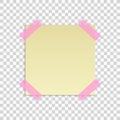 Yellow sticky note isolated on transparent background. Office note. Pink scotch tape. Template for your project. Vector.
