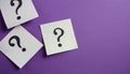 Paper notes with question marks on purple background, flat lay. Space for text Royalty Free Stock Photo