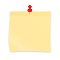 Yellow sticky note paper attached with red pin. Realistic sticker and pushpin isolated on white. Vector illustration Royalty Free Stock Photo