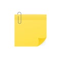 Yellow sticky note with paper clip isolated on white background. Vector illustration Royalty Free Stock Photo