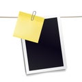 Yellow sticky note and photo frame attached metal paper clips on tapes. Template for design. Vector