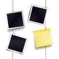 Yellow sticky note and photo frames attached metal paper clips on tapes. Template for design. Vector illustration