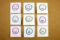 A yellow sticky note post it writing, caption, inscription Crumpled sticky note emoticons smileys in black ext on a sticky note pi
