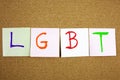 A yellow sticky note post it writing, caption, inscription LGTB Lesbian, gay, bisexual and transgender acronym in black ext on a s Royalty Free Stock Photo
