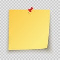 Yellow sticky note with red pin and shadow on transparent background. Adhesive office reminder sheet of note paper icon. Mock up Royalty Free Stock Photo