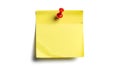 Yellow sticky note with red push pin on white background (ai generated) Royalty Free Stock Photo