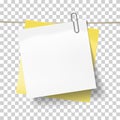 Yellow sticky note and white sheet of paper attached metal paper clip on tape. Template for design. Vector illustration Royalty Free Stock Photo