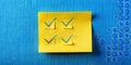 Yellow sticky notes with blue checkmarks on textured blue background representing task completion. Generative AI