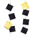 Yellow sticky notes and photo frames attached metal paper clips on tapes. Template for design. Vector Royalty Free Stock Photo