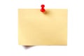 Yellow sticky post note with red pin isolated on white Royalty Free Stock Photo