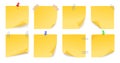 Yellow sticky stickers. Note office sticker, memo post papers with pins. Different sheets curled edge, isolated colored Royalty Free Stock Photo