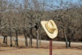 Yellow Straw Cowboy Hat Hanging of Rusty Fence Post