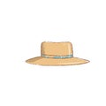 Yellow straw hat with the bent fields and blue stripe Hand-Drawn gardening tools, spring hobby