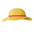 Yellow straw hat with a red ribbon.