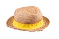 Yellow straw hat with a yellow ribbon on white background side view Royalty Free Stock Photo