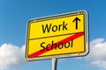 Yellow street sign with Work ahead leaving School behind Royalty Free Stock Photo